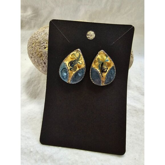 Unique Artistic Post Earrings Statement Jewelry Gold Tone MCM Blue Swirl Mosaic - Picture 2 of 6